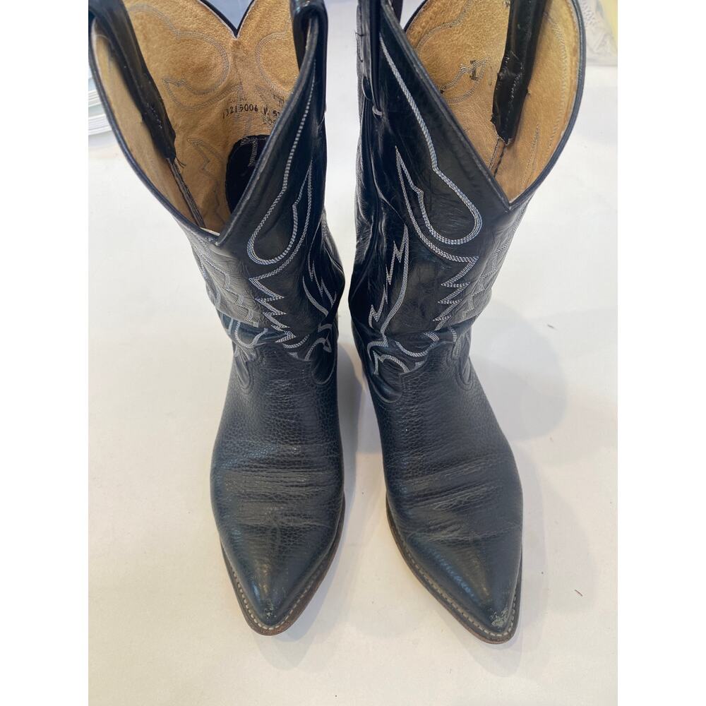 Tony Lama Black w/ White Stitched Cowboy Boots EUC Sz 9 Men’s Leather - Picture 9 of 13